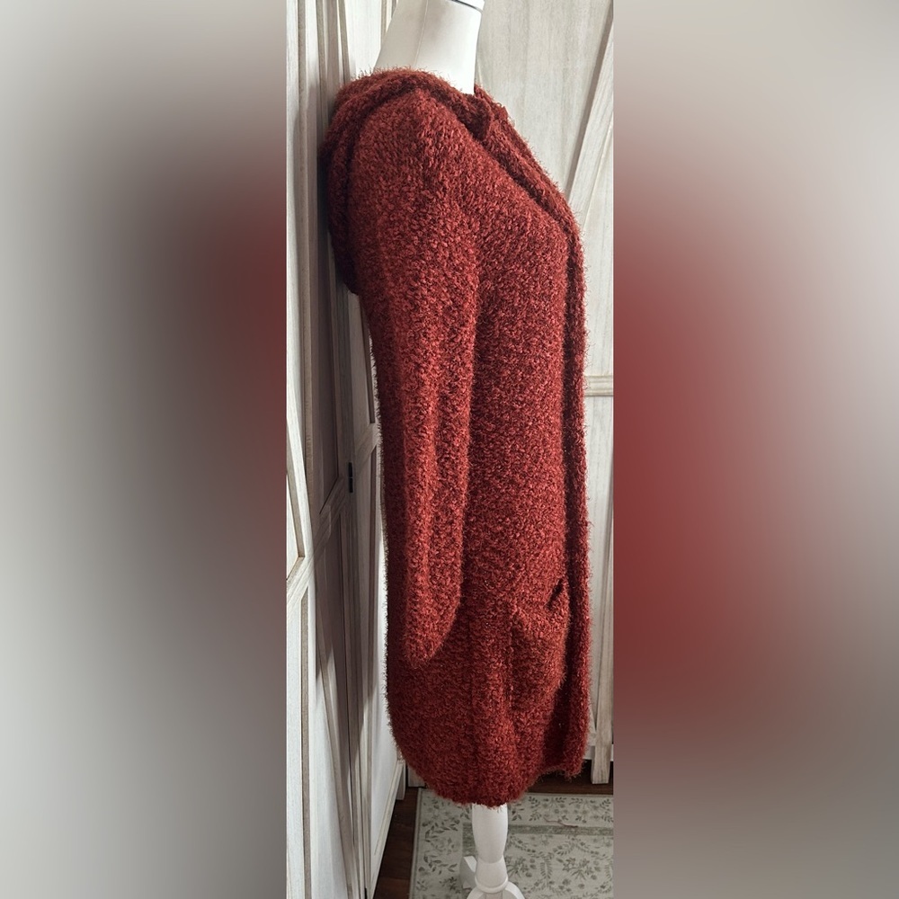 Poof Apparel Rust duster open front cardigan sz L with hood cozy sweater Y2K EUC - Picture 4 of 12
